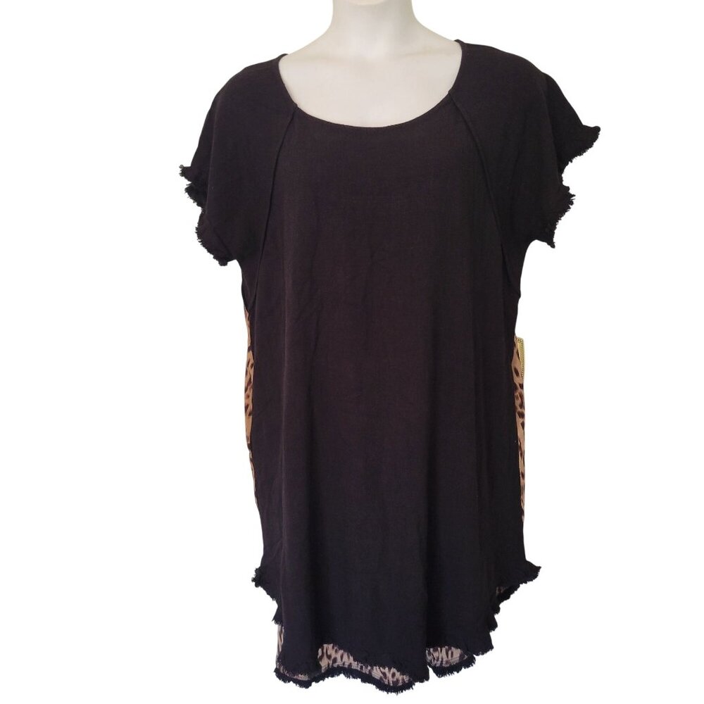 Umgee USA Black Tunic Dress Leopard Print Frayed Hem XL Linen Blend Hi Low - Picture 2 of 7